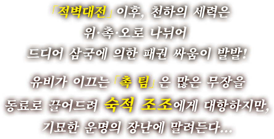 「적벽대전」이후, 천하의 세력은 위·촉·오로 나뉘어 드디어 삼국에 의한 패권 싸움이 발발! 유비가 이끄는 「촉 팀」은 많은 무장을 동료로 끌어드려 숙적 조조에게 대항하지만, 기묘한 운명의 장난에 말려든다…